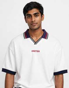 Oneten <b>Men's</b> <b>White</b> <b>Long</b> <b>Sleeve</b> Striped for Shirt Navy Ribbed Collar Front Heat-Transfer Printed Logo Casual Sporty <b>Top</b> - Product Image 1