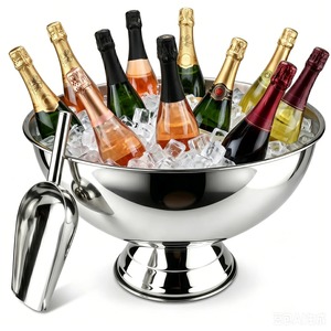 Seau à glace en acier inoxydable avec pelle, bac à boissons rond pour refroidir le champagne et le vin - Product Image 1