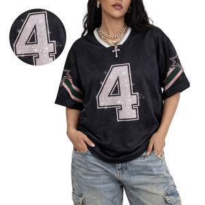 Maillot de football américain personnalisé rose et noir avec strass pour femme, coupe oversize, manches courtes, style streetwear Y2K, brillant, vente en gros OEM - Product Image 1