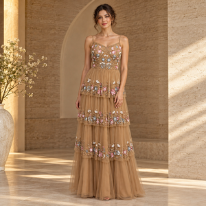 Robe de soirée florale à sequins champagne |   Robe de soirée formelle à col en V, bretelles spaghetti, en tulle superposé, coupe trapèze, longueur au sol, pour mariages - Product Image 2