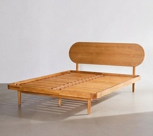 Retro Wooden <b>Platform</b> <b>Bed</b> <b>Frame</b> Premium Solid Teak Wood Bedroom Furniture with Curved Headboard for Adults - Product Image 1