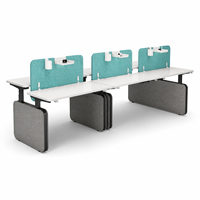 Poste de travail de bureau moderne en bois pour quatre personnes, réglable en hauteur, installation autonome, plateaux blancs, écrans d'intimité Aqua