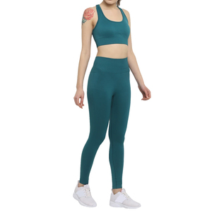 Teal Seamless Breathable Yoga Set High Waist Leggings Crop Top Racerback Sportwear Women Full Length Solid Color - Product Image 1