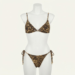 Women's <b>Leopard</b> <b>Print</b> High Cut Bikini Set Triangle Top <b>Tie</b> Side Bottoms Spandex/Polyester Stretch Eco-Friendly Quick Dry Front - Product Image 1