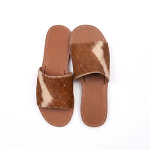 Wholesale Genuine Cowhide Leather <b>Slide</b> Sandals for Women Hair-On Leather Slip-On Flats Western Boho Summer Footwear - Product Image 2