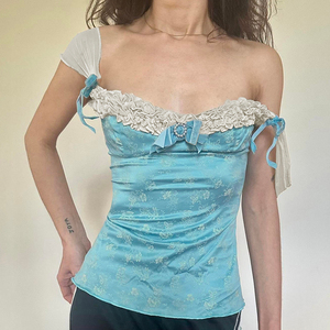 New Style Floral Print Tank <b>Top</b> Plus Size Women's Ruffled Collar With Ribbons Spring Fashion <b>Blue</b> Woven Fabric - Product Image 5