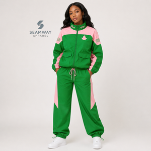 Alpha | Kapa | Alpha Nylon Windbreaker <b>Set</b> Embroidered Warm UP Jacket With <b>Matching</b> <b>Jogger</b> Green And Pink Color Block Activewear - Product Image 5