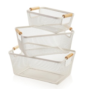 3 Pcs White Wire <b>Mesh</b> <b>Storage</b> <b>Basket</b> Set with Wooden Handles | Pantry Kitchen Closet Organizer Bin Container - Product Image 1