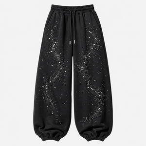 Custom Gray French Terry 100% Cotton Anti-Pilling Mid Rhinestone <b>Wide</b> <b>Leg</b> Sweatpants Drawstring <b>Jogger</b> Pants Casual Streetwear - Product Image 1