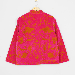Pink Velvet Embroidered Blazer Mandarin Collar Lantern Sleeve Hand Embroidery Floral <b>Pattern</b> Women's <b>Jacket</b> Autumn Style - Product Image 4