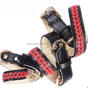 Collar de perro de cuero genuino negro de diseñador trenzado a mano rojo de alta calidad forrado con relleno suave y anillo en D con hebilla ajustable - Product Image 2