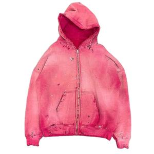 Sudaderas con capucha de invierno 100% algodón French Terry grueso para hombre, con cremallera, parche bordado y diseño desgastado, al por mayor - Product Image 1