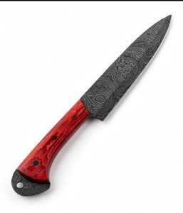 Couteau utilitaire artisanal en acier Damas avec manche personnalisé en bois Pakka rouge, lame fixe, couteau de cuisine pour trancher et travaux manuels, avec trou pour cordon - Product Image 6