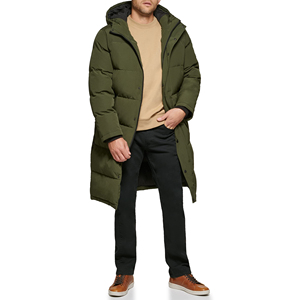 Men's Long Down Puffer Jacket With Hood Windproof Casual <b>Winter</b> <b>Coat</b> Olive Green <b>Thick</b> Polyester Shell Button Closure - Product Image 2