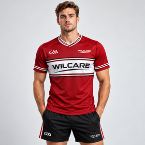 Men's Red Sublimation Printed Polyester <b>Sports</b> <b>Jersey</b> and Black Shorts Kit Set - Product Image 1