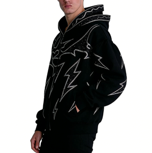 Sudadera con capucha negra para hombre con cremallera, estampado de rayo brillante, estilo urbano, corte regular, felpa francesa, 100% poliéster, otoño - Product Image 2