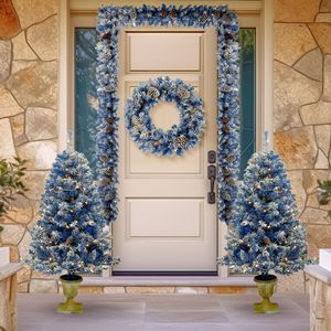 Juego de 4 Árboles de Navidad Artificiales Preiluminados con Luces LED, Incluye Guirnalda y Corona (Juego de 2) para Decoración de Entrada - Product Image 1