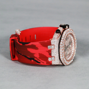 Reloj Mecánico Automático con Bisel de Diamantes en Tono Rosa, Correa de Goma Roja y Negra de 18 mm, con Escala Analógica de Barra - Product Image 5