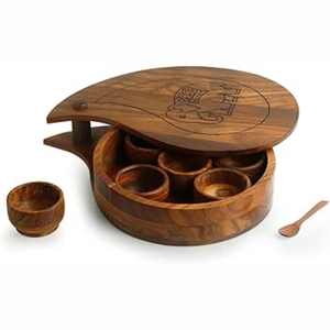 Handcrafted Wooden <b>Spice</b> <b>Box</b> Set Swivel Lid <b>Indian</b> Masala Dabba Organizer Container Storage Set with Removable Bowls Spoon - Product Image 1