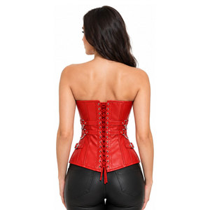 Red PU <b>Leather</b> <b>Corset</b> With Front Zip And Back Lace-Up Design Women Shapewear Firm Control Style Women <b>Corset</b> - Product Image 3