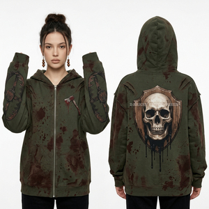 Vente en gros Sweat à capuche zippé pour femme 500GSM violet délavé à l'acide, avec motif crâne patchwork cousu, esthétique Frankenstein et effet vieilli - Product Image 4