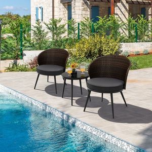 Conjunto de Bistro de Ratán para Patio de 3 Piezas con 2 Cojines y Mesa con Superficie de Vidrio Templado, Muebles de Jardín - Product Image 4