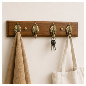 Perchero de pared decorativo de latón antiguo con forma de hoja, organizador multi-gancho con base de madera vintage para abrigos, llaves y toallas, colgador de pared. - Product Image 6