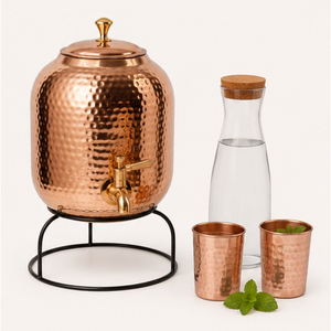 Distributeur d'eau artisanal en cuivre pur, pot de stockage d'eau en cuivre martelé ayurvédique avec robinet anti-fuite et support métallique - Product Image 6
