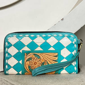 New Arrival Diamond Pattern Western Floral <b>Women</b> <b>Clutches</b> Hand Tooled Genuine Leather RFID Card Holder Wristlet Evening Wallet - Product Image 2