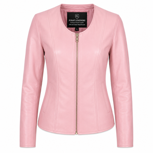 <b>Pink</b> <b>Biker</b> Motorcycle <b>Jacket</b> Collarless Leather Zipper Closure Spread Collar Solid Autumn Windproof Knitted Polyester - Product Image 1