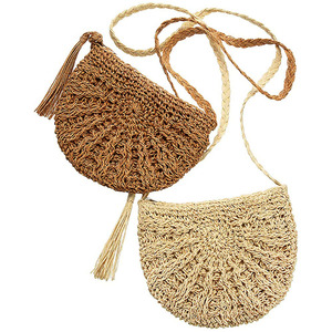 Sac à main en raphia jaune fait main au crochet avec franges et pompons, pochette d'été pour femme, sac de plage en paille tressée, pochette souple en raphia - Product Image 1