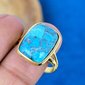 Handmade Blue Copper <b>Turquoise</b> Cushion Gemstone <b>Ring</b> 18k Gold Micron Over 925 Sterling Silver <b>Ring</b> - Product Image 3