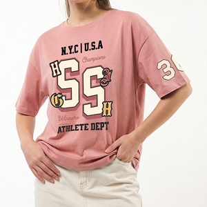 Oversized Shoulder drop Crew Neck T-Shirt Pink Solid Color Short Sleeve <b>Plus</b> <b>Size</b> Women's Casual <b>Top</b> Letter Decoration - Product Image 1