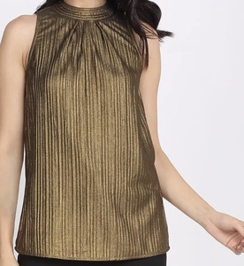 Haut plissé de haute qualité pour femme, col montant, sans manches, en polyester brillant, chemisier plissé, tenue de soirée, coupe ample, nouveau haut tendance - Product Image 1