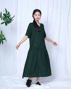 Women Boho Green V-Neck Linen Midi <b>Dress</b> With Short Sleeve <b>Loose</b> Fit Button Front Casual Daily Wear - Product Image 2