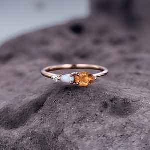 Vintage Yellow Citrine Opal Engagement Ring Art Deco Moissanite Pear Cut 3 Stone Unique Bridal Promise Ring - Product Image 1