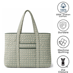<b>Panelled</b> Canvas Tote Bag With Leaf Pattern Open Top All Seasons Shopping Office College Casual Outing Gift Use Hand Block Print - Product Image 3