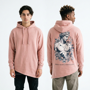 Sudadera con capucha personalizada rosa empolvado con dobladillo asimétrico, gráfico de Venus griega 'Broken Statue', estilo streetwear, con borde sin rematar y corte largo - Product Image 1