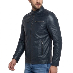 Blouson d'hiver pour homme en cuir véritable, col montant, coupe ajustée, zippé, style streetwear décontracté, pour moto - Product Image 1