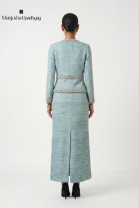 Vestido Largo Informal de Seda Cruda Azul Cielo para Mujer con Chaqueta Bordada, Elegante para Uso Diario - Product Image 3