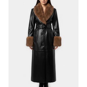 Elegant <b>Black</b> Real Leather Breathable Windproof Unisex Trench <b>Coat</b> <b>Fur</b> Trim <b>Collar</b> Cuffs Long Length Winter Outerwear Polyester - Product Image 1