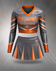 Conjunto de Uniforme de Porristas Personalizado de Malvan Enterprises, Top Corto de Manga Larga, Minifalda, Impresión por Transferencia de Calor, Poliéster - Product Image 1