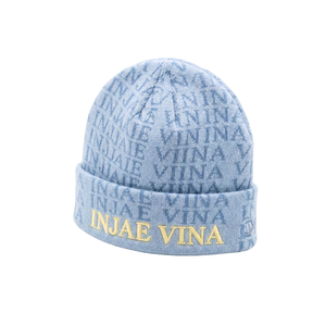 Bonnet d'hiver personnalisé en tricot jacquard bleu pastel avec revers, casquette unisexe chaude style streetwear avec logo brodé en 3D, couvre-chef vierge - Product Image 1