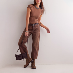 Women's <b>Brown</b> Cropped T-Shirt Short Sleeve Crew Neck Exposed Seam Slim Fit Knitted Cotton Spandex Casual Spring Top Women Tshirt - Product Image 4