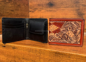 Factory Wholesale Fashion Hand <b>Tooled</b> <b>Leather</b> Bifold Wallet for Men Bull <b>Tooling</b> Short Purse Wallet Genuine <b>Leather</b> Card Wallets - Product Image 2