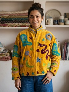 Blouson Bomber en Velours Moutarde Brodé, Col Mandarin, Manches Longues, Broderie à la Main, Veste Automne pour Femme - Product Image 3