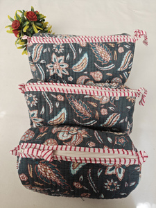 Dark Blue Floral Block Printed Eco-Friendly Durable Cotton Zipper <b>Makeup</b> <b>Case</b> Indian Travel Cosmetic Organizer Kit - Product Image 2