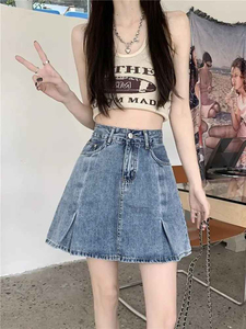 Women High Waist <b>Denim</b> Mini <b>Skirt</b> A-Line Pleated Casual Solid Washed Style All Seasons Comfortable Woven Fabric - Product Image 4