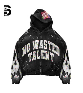Sweat-shirts à capuche zippés surdimensionnés personnalisés de qualité supérieure pour hommes, imprimés DTG, effet vieilli, bords bruts, doublure polaire unie, style Y2K, 100 % coton - Product Image 1