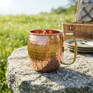 KAMRAN BPA-Free Copper Metal Hammered American Style Barrel Cocktail <b>Mug</b> Brass Thumb Rest Handle Eco-Friendly Home Dining Office - Product Image 1